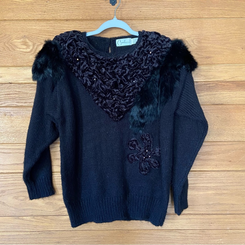 Vintage 80s Carducci acrylic wool blend black fur and velvet sweater
